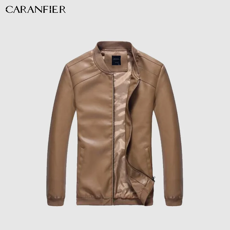 Хаки CARANFIER, мужские кожаные куртки, мужские, искусственная кожа, весна, осень, тонкие пальто, байкер, панк, мотоцикл, Мужская классическая Куртка, стоячий воротник, на молнии - Цвет: Хаки