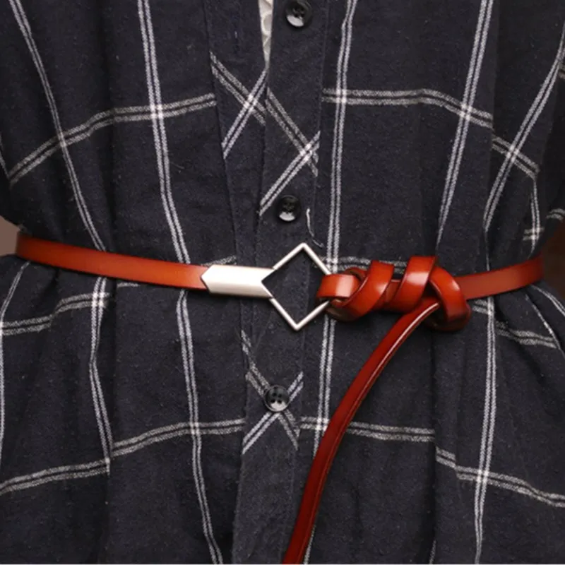 

Newstyle Women's Cowskin Genuine Red Leather Thin Belts Female Rhombic Silver Buckle Ladies Waist Belt For Dresses Waistband