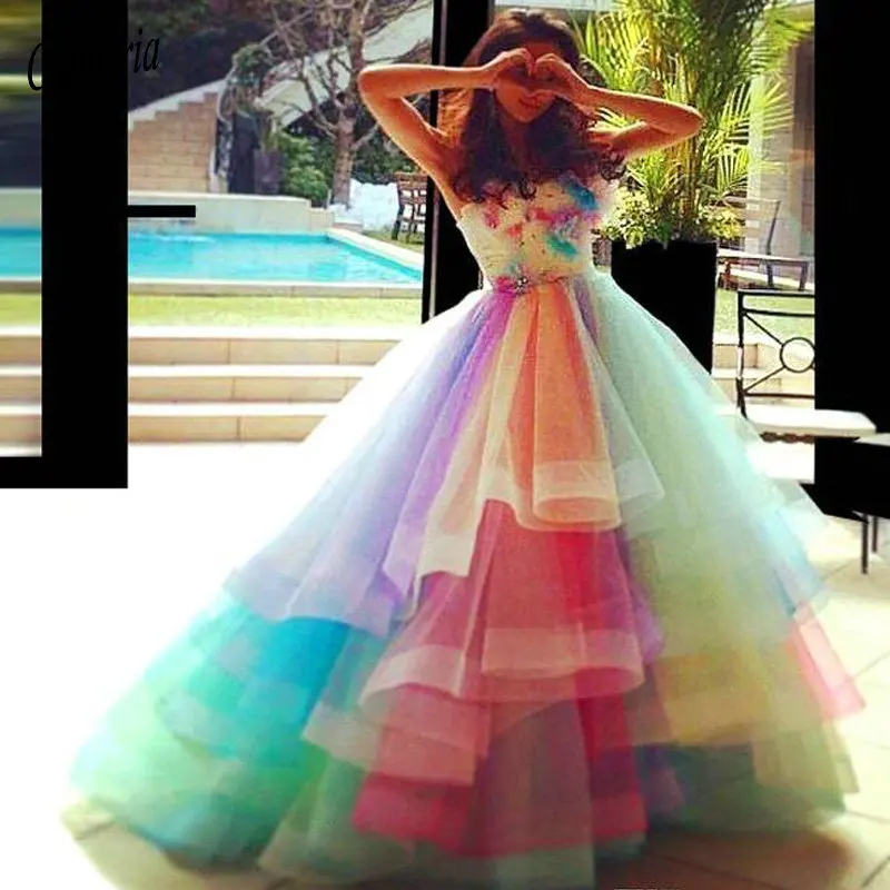 

Радужное разноцветное бальное платье, платья для Quinceanera без бретелек, многослойное милое платье ручной работы из органзы с цветами, 16 платье...