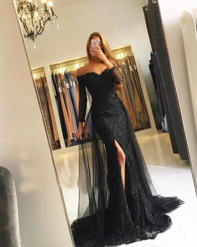 

Gray Muslim Evening Dresses Mermaid Off the Shoulder 3/4 Sleeves Lace Beaded Slit Islamic Dubai Kaftan Saudi Arabic Evening Gown