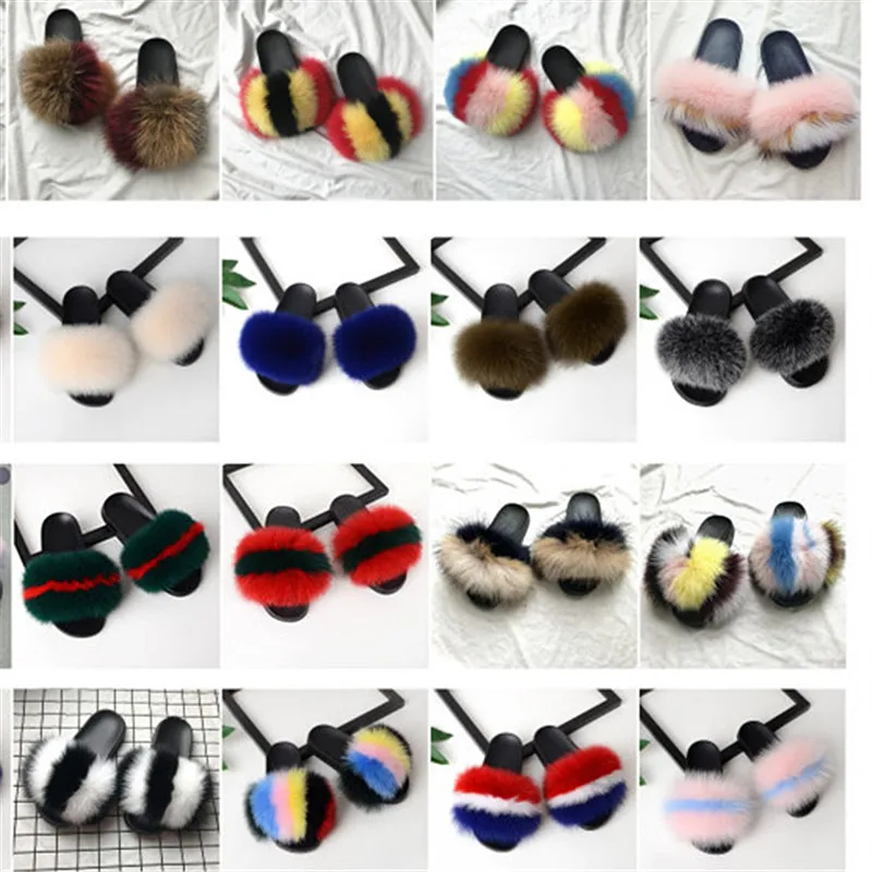 Шлепанцы из лисьего меха пушистые меховые шлепанцы меховая летняя обувь для