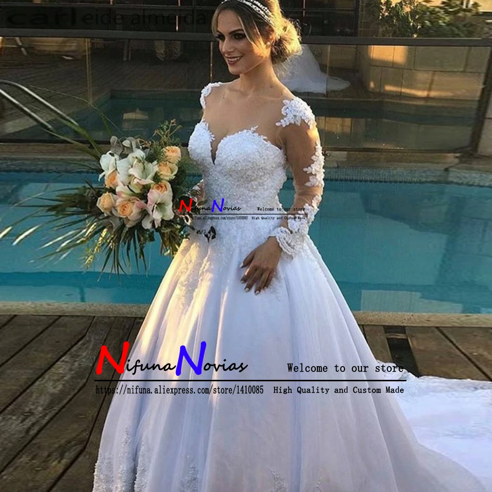 Кружевное свадебное платье с аппликацией бальное длинными рукавами Vestido De Noiva 2019
