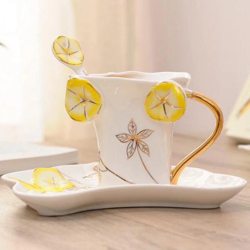 Набор чашек для кофе и чая с рисунком «Morning glory» с ложкой и поддоном, термостойкие парные чашки, креативный подарок, питьевые инструменты