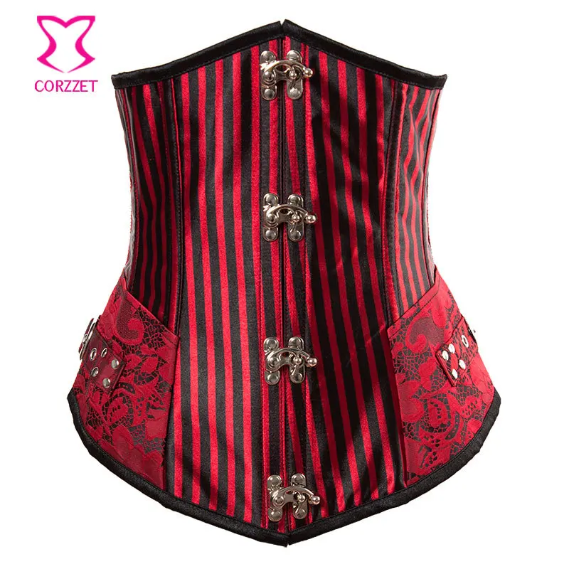 Красный и черный полосатый панк рок утягивающие корсеты стальной корсет с