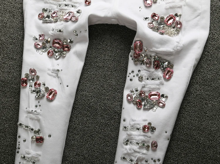 2017 Джинсы женские стрейч деним белые хлопковые Для женщин Стразы Модные узкие