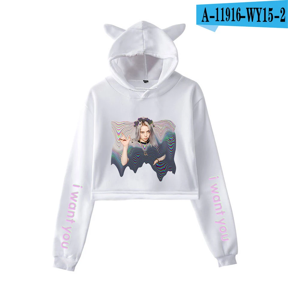 Billie Eilish Толстовка Harajuku милый кот Негабаритных Толстовки Кофты Розовый женский хит-хоп толстовка летняя укороченная верхняя одежда - Цвет: Хаки