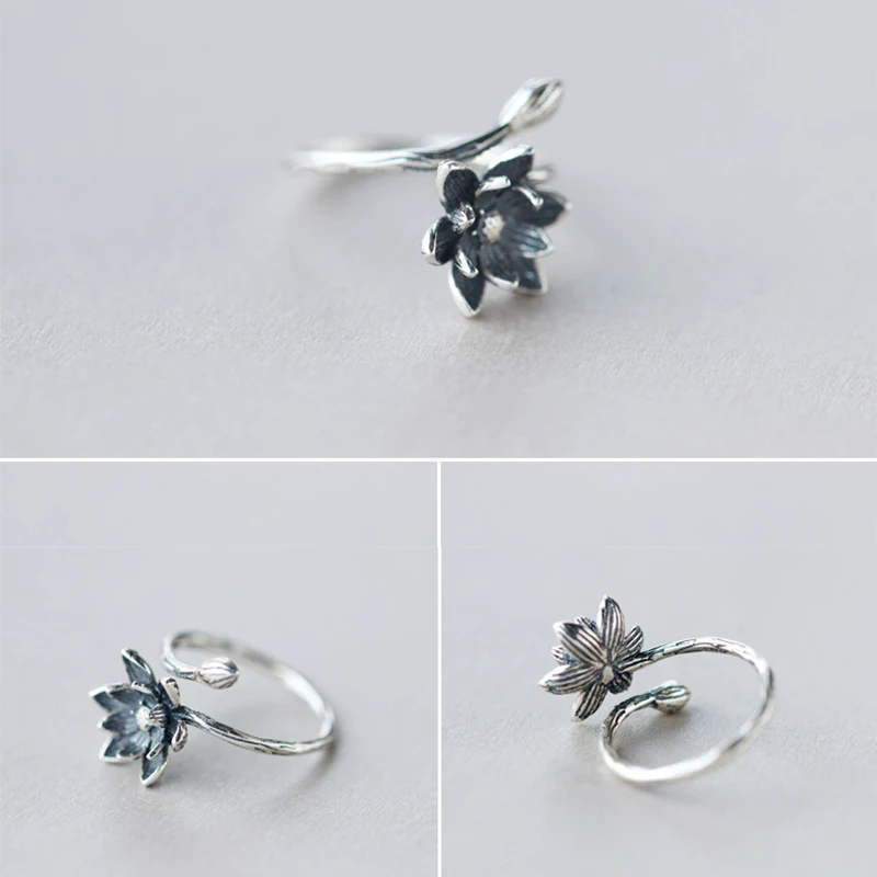 SRCOI Новое модное кольцо с цветком лотоса в античном стерлинговом серебре