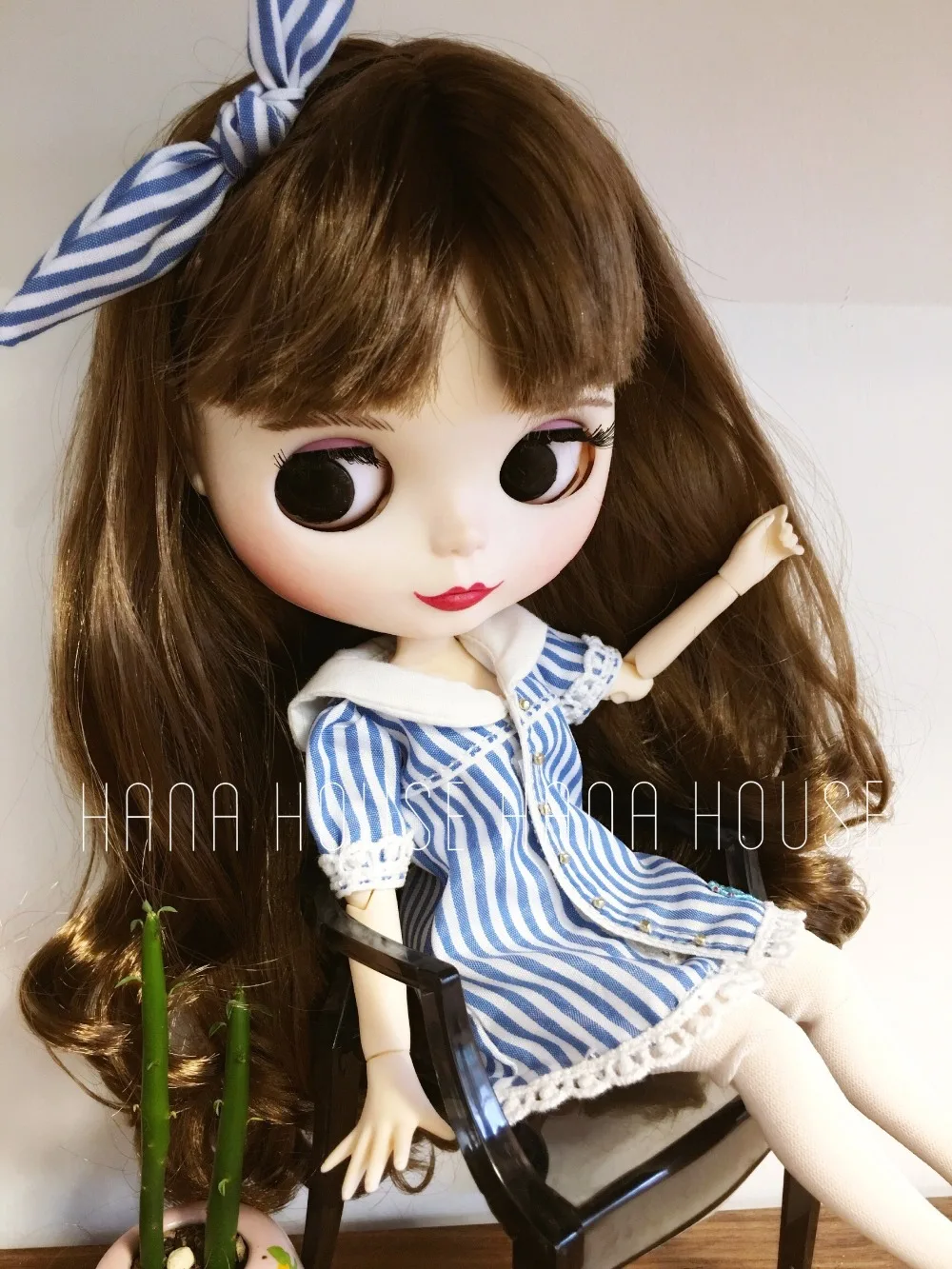 

2PCS Blue stripe Dress+ Hair Band Lace Skirt for Blyth Licca Kurhn OB24 Dolls Accessories