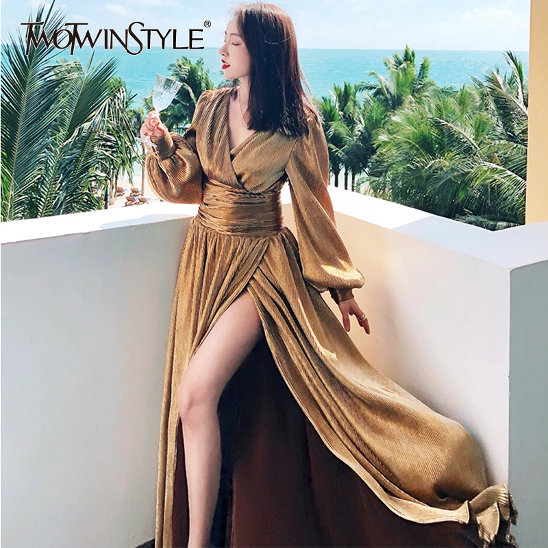 TWOTWINSTYLE сексуальное Макси платье для женщин v образный вырез рукав фонарик
