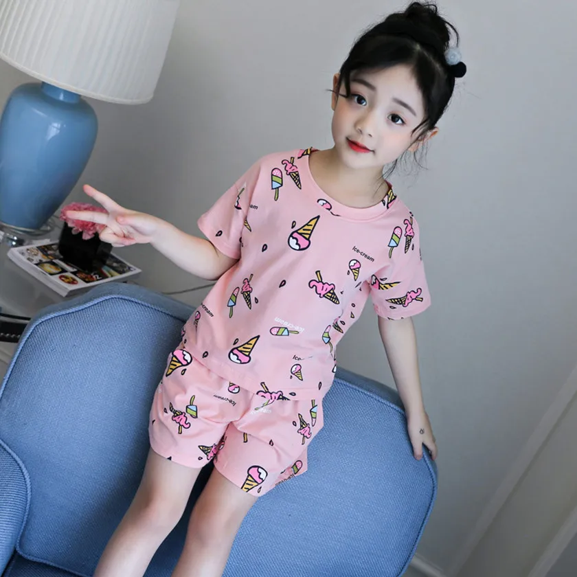 2 шт. детские пижамы для девочек комплект мороженое Printted короткий рукав пижамные