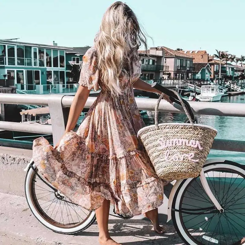 Румяна цветочный принт с воланом рукав бохо платье v-образным вырезом на завязках