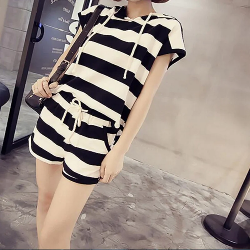 2016 Новый Колледж Ветер С Капюшоном Полосатый Коротким Рукавами Футболки