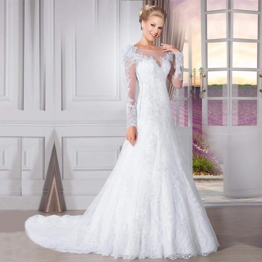 Новая мода 2017 о шея Свадебные Платья русалка бисером аппликации свадебное платье