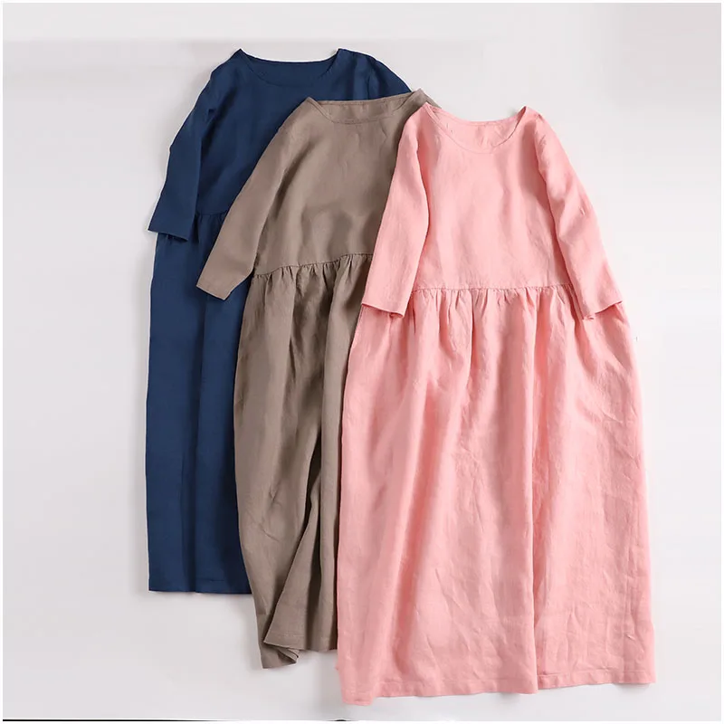 Женское льняное платье с o-образным вырезом свободное средней длины рукавом T1803115