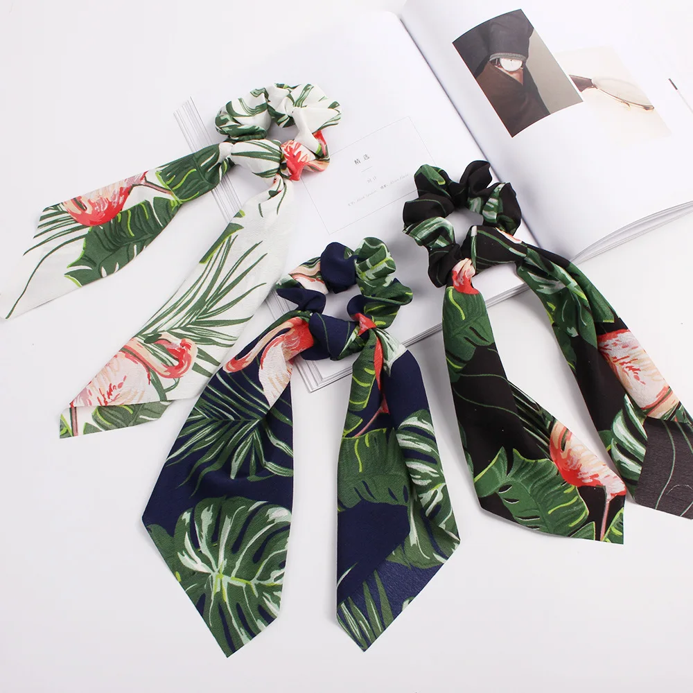 

New Floral Print Hair Scrunchie Women Ribbon Tassel Tie Flamingo PonyTail Hairband Hair Rubber Ropes Girls HairTies Accessories