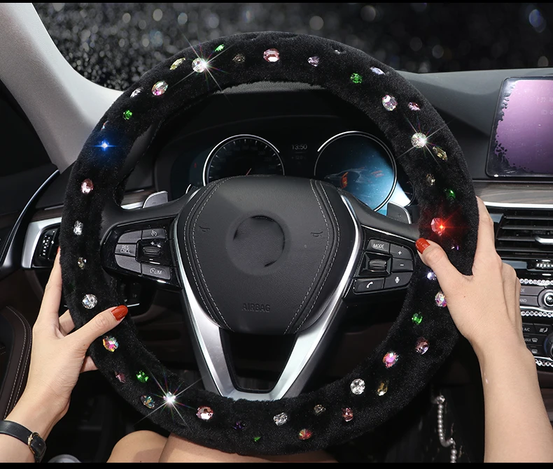 Зимние плюшевые теплые роскошные автомобильные чехлы на руль со стразами, покрытие для интерьера для девочек