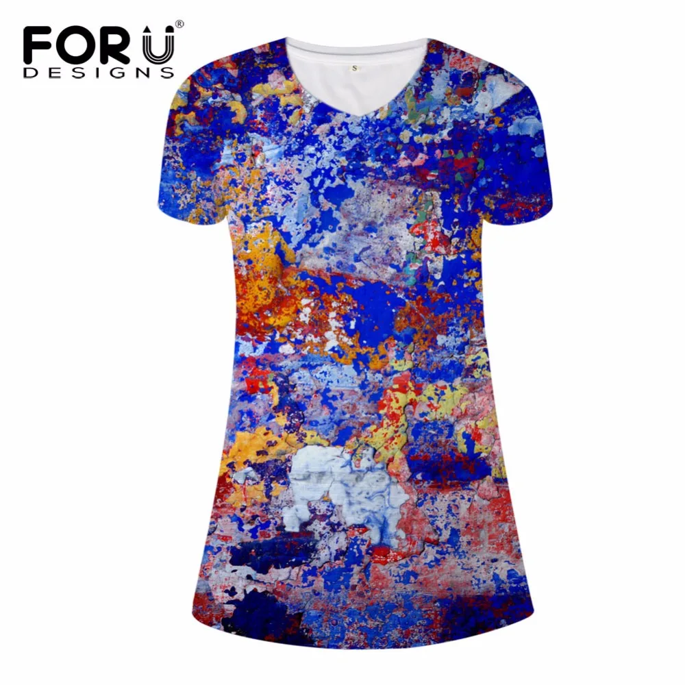 

FORUDESIGNS Colorful Oil Painting Dress for Women Elastic Ladies Mini Dresses Supreme Short Sleeve Casual Dress Sexy V-Neck Dres