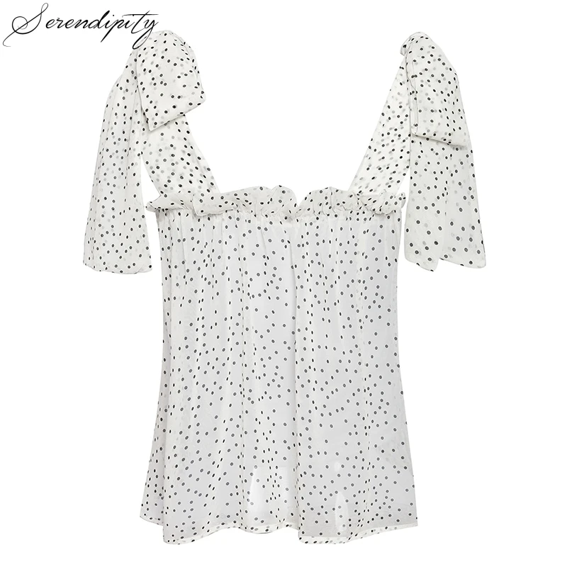 Женский шифоновый топ SRDP Свободный Белый Топ в горошек на шнурках 2019 | Женская