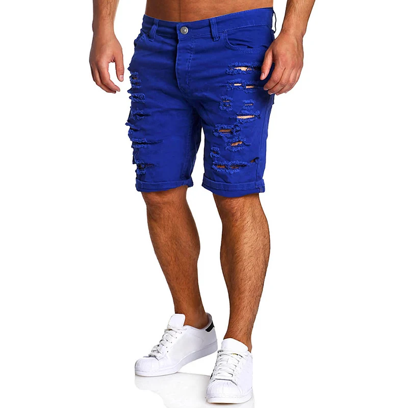 Мужские хлопковые шорты до колена повседневные облегающие с дырками середины