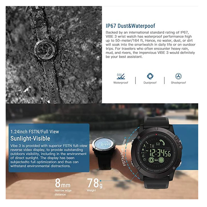 Smart Watch PLYSIN Men Outdoor Sports VIBE 3 Smartwatch with Waterproof IP67 Pedometer Calorie Counter Stopwatch for Smartphone |