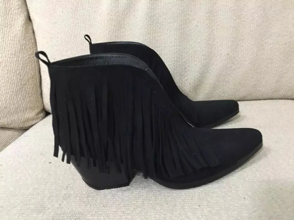 

Retro Fringe Boots Flock Chunky Ankel Boots Leather Blue Women Middle Heel Ankle Booties Woman Spring Autumn Tassel Short Boots