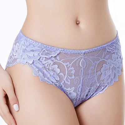 Light purple Прозрачные трусики размера плюс, XL, XXL, XXXL, XXXXL, сексуальные кружевные женские трусы со средней талией, нижнее белье, хлопковое черное белье - Цвет: Light purple