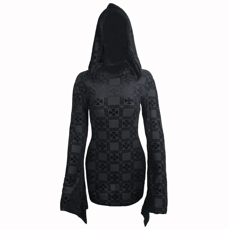 Devil Fashion Gothic Women Patterns Dress Hooded Steampunk Flare Sleeves Stretch Short Dresses Black Sexy Slim-Fitting | Женская одежда