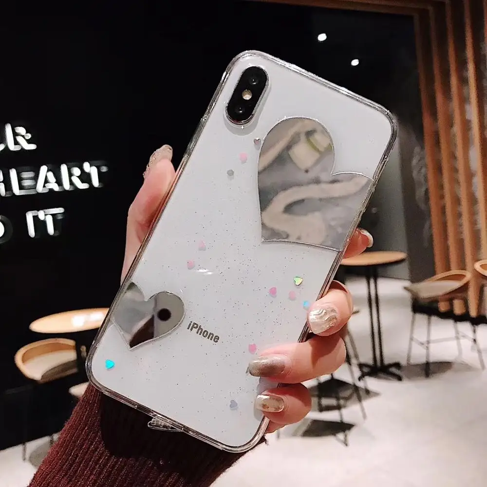 Блестящий чехол в горошек с сердечками для iphone 7 plus мягкий силиконовый зеркальный