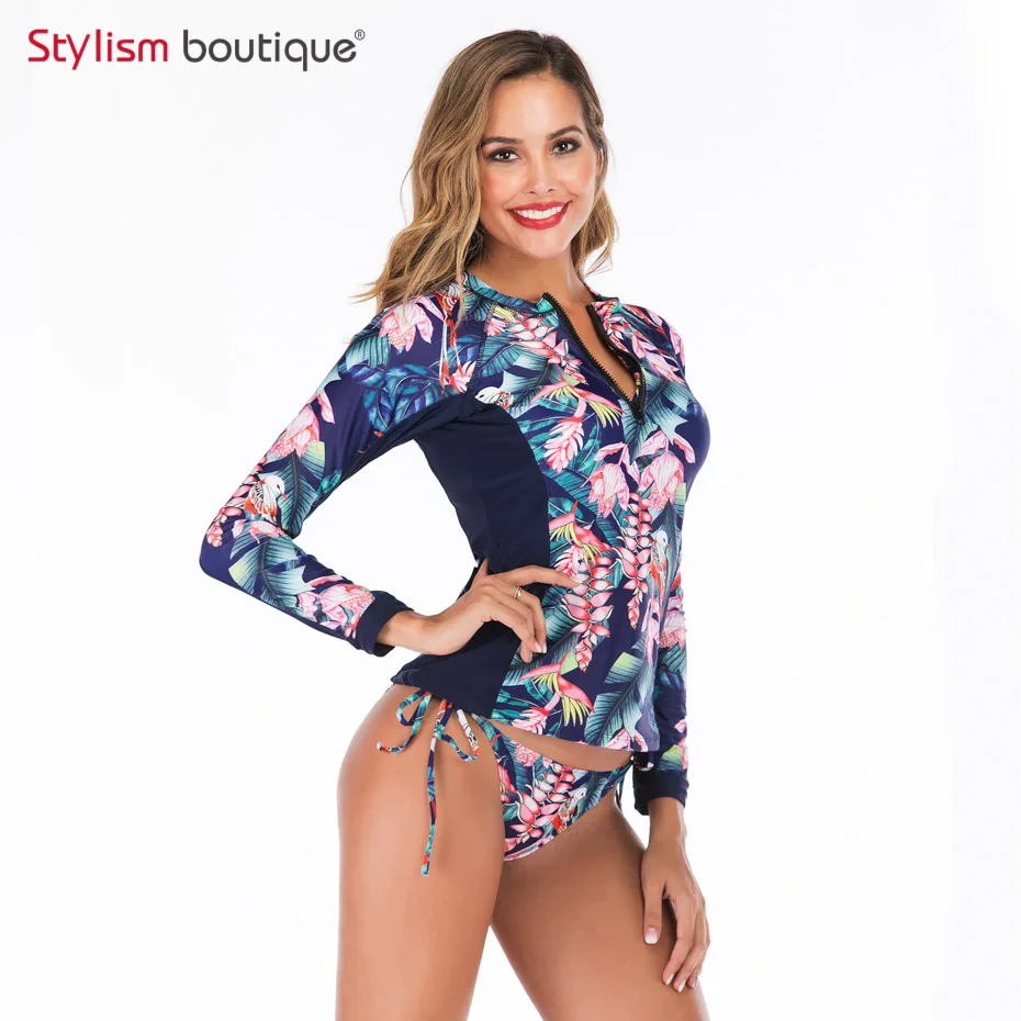 New Rashguard Padded Long Sleeve Swimsuit Surfing Rash Guard Women Two Piece Swimwear Separate Tankini Sport Bathing Suit