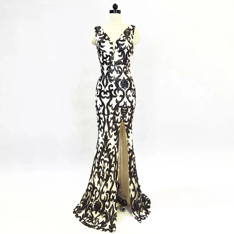 

D055 rose gold sequined v-neck sleeveless summer long floor length dress