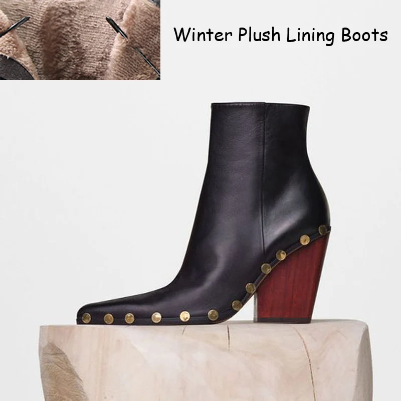 Winter Black Boots Baimier Ботильоны из натуральной кожи для Для женщин Элитный бренд цвета: золотистый, с заклепками, на высоком каблуке Для женщин ботинки Теплый плюш женские зимние ботинки - Цвет: Winter Black Boots