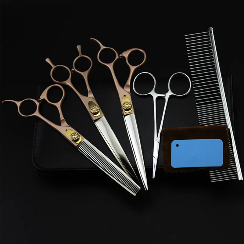 5 kit Professional Japan 7 inch gold gem pet dog grooming hair scissors set cutting shears thinning barber hairdressing scissors