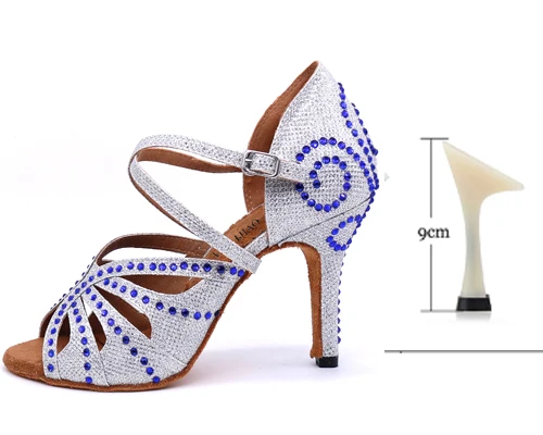 silver heel 9CM WUXIJIAO Женская Латинская танцевальная обувь атласные стразы вечерние танцевальная обувь Сальса Танцевальная обувь Каблук 9 см Золотой/Серебряный цвет мягкая подошва - Цвет: silver heel 9CM
