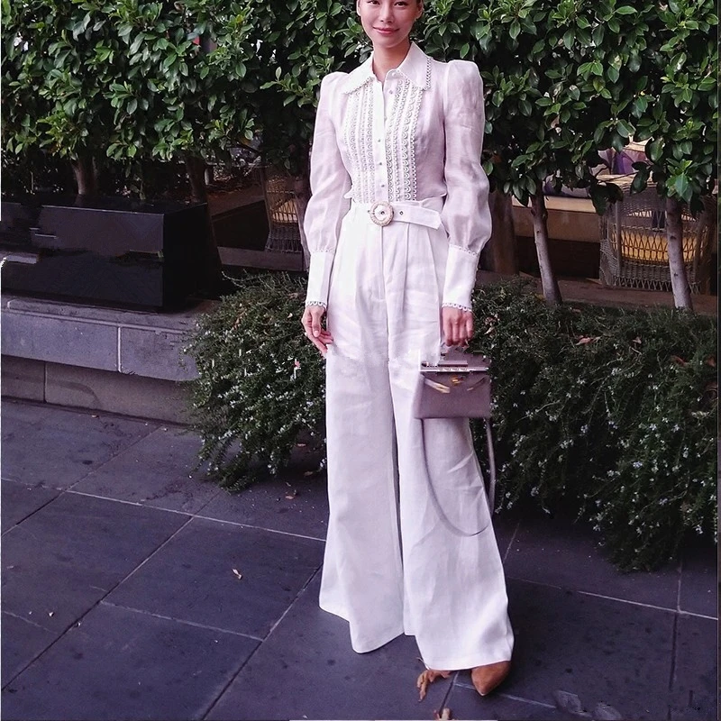 Amily. c 2018 Осенняя Офисная Женская белая блузка с длинным рукавом и длинные штаны