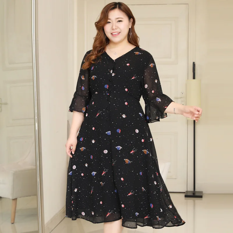 TwoHexa летнее женское расклешенное платье с коротким рукавом шифоновое