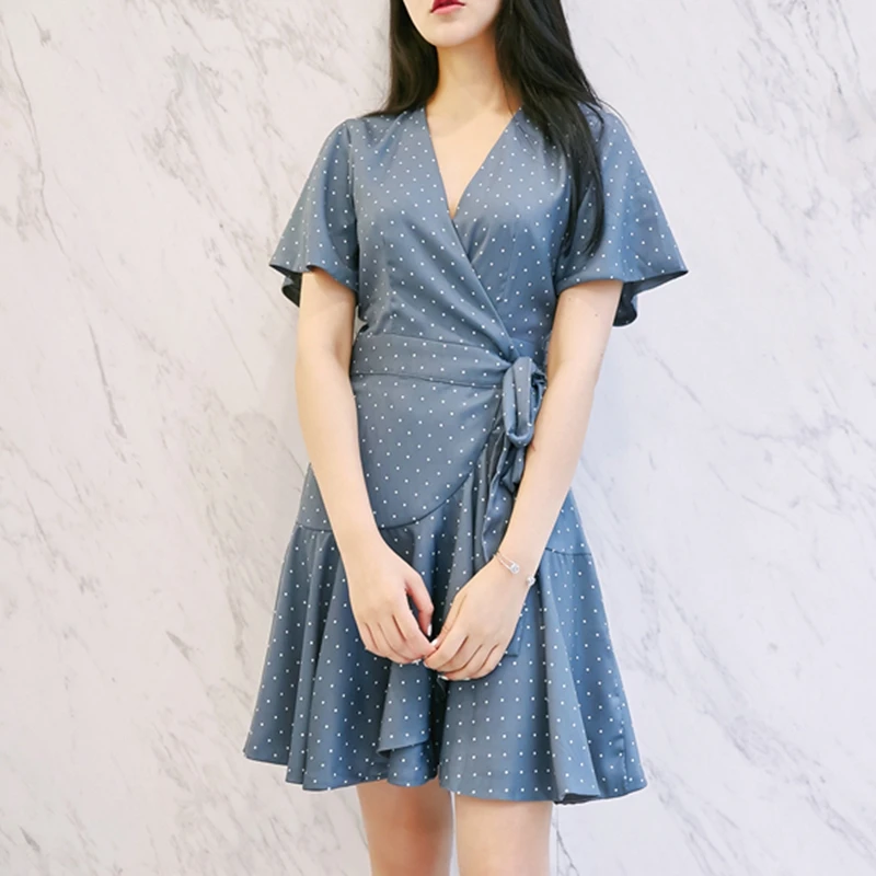 Корейская модная одежда рюшами пляжное платье Элегантный vestidos горошек wrap dress