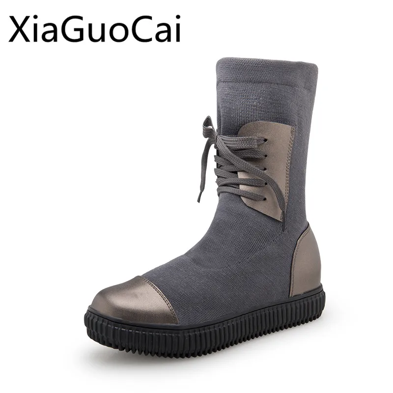 Высокие серые Модные женские зимние сапоги со шнуровкой на плоской подошве милые