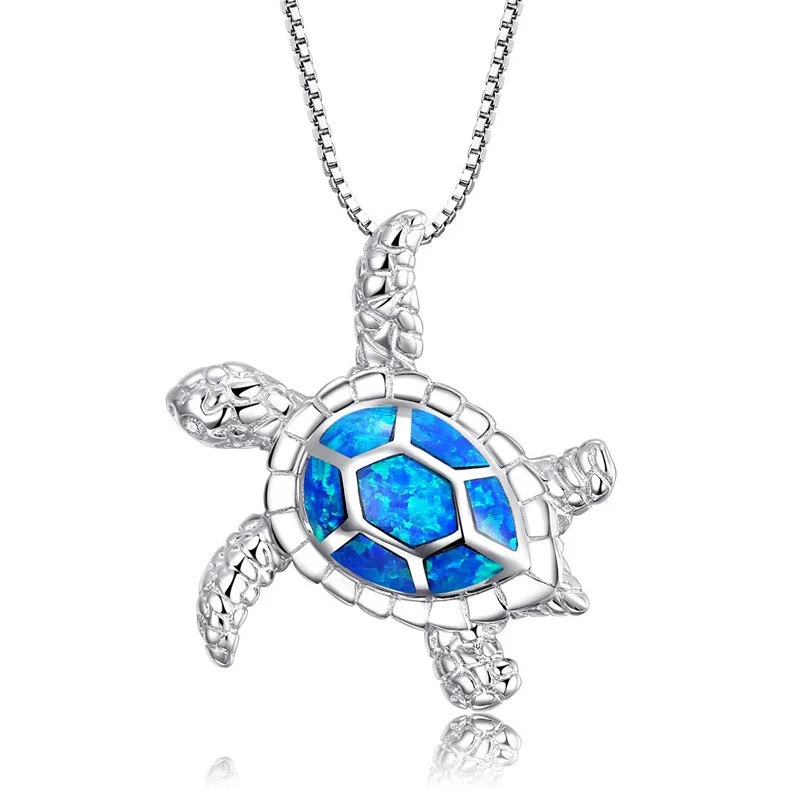FDLK  Hot New Arrival Cute Ocean Beach Jewelry Blue Opal Sea Turtle 1PC Allergy Free Adjustable Pendant Necklace