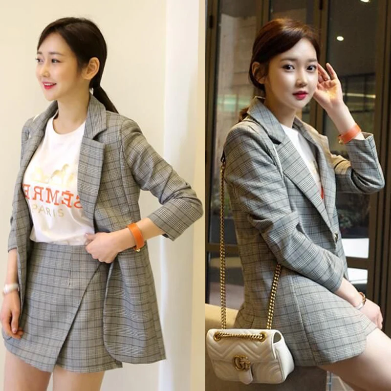 

Women Business Suits Formal Office Uniform Designs Skirt Suits Work 2 Piece Set Women Double-breasted Blazer Stripe + Mini Skirt