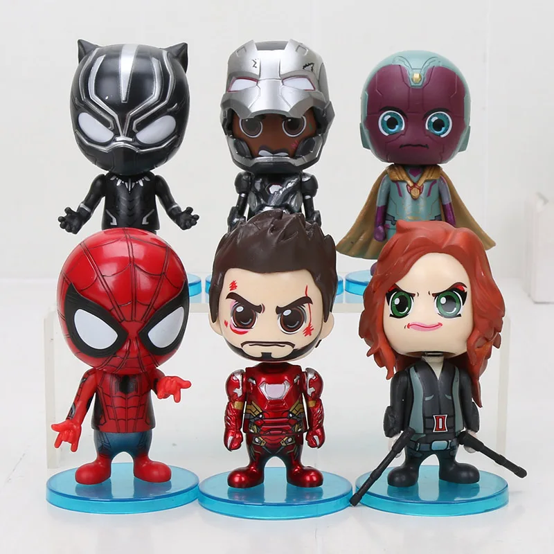 blue base 6 шт. Marvel Мстители Капитан Америка танос Карол Дэнверс ПВХ игрушки; фигурки героев Железный человек паук качающейся головой модель куклы - Цвет: blue base