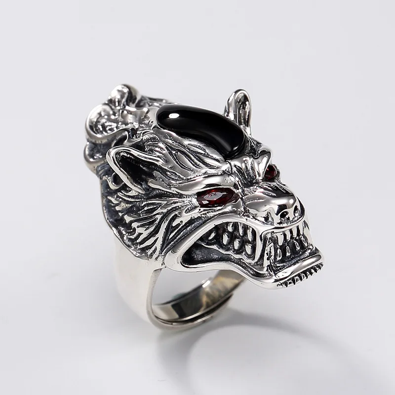 

2018 Limited Anel Feminino S925 Sterling Agate Pulp Wolf Head Retro Personality Domineering Male Opening Ring Thai Wholesale