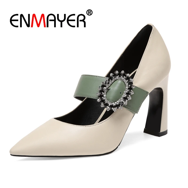 

ENMAYER Pointed Toe Genuine Leather Thin Heels women heels high heel shoes tacones mujer Size 34-39 ZYL2459
