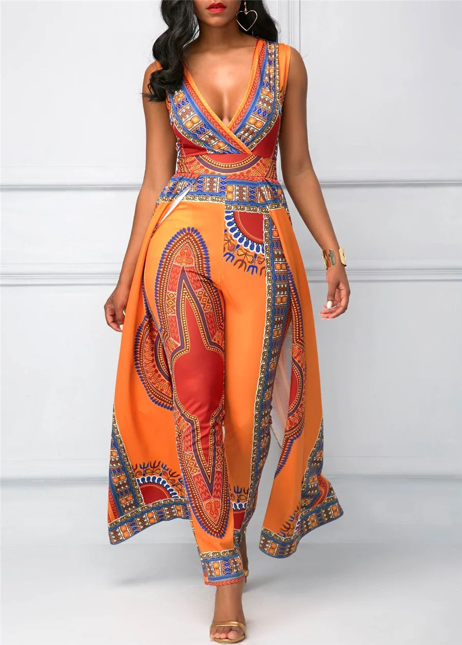 strapless bodysuit gold jump suits sexy costumes womans fashion clothes African v-neck printed sleeveless bandage jumpsuit | Тематическая