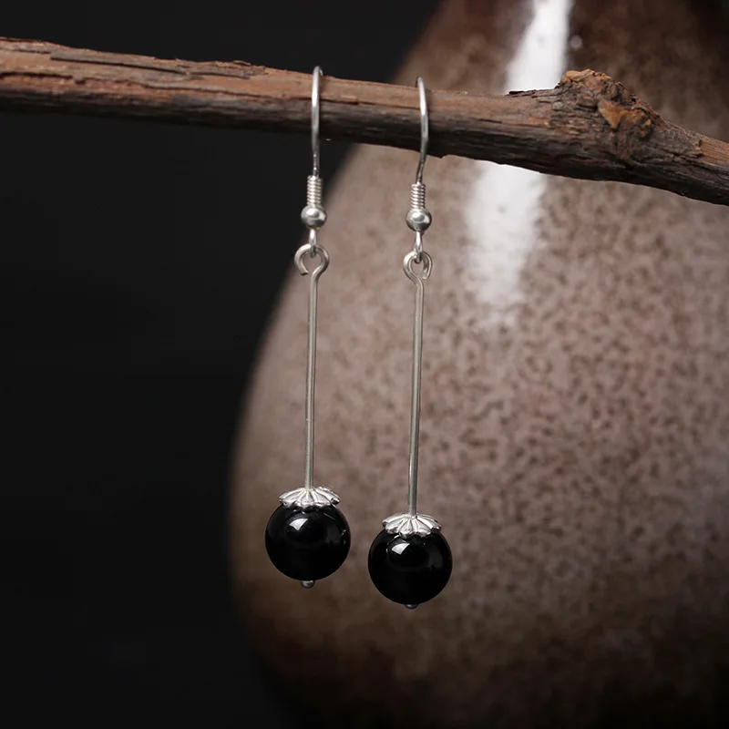 Женские винтажные серьги-капельки из обсидиана стерлингового серебра 925 пробы