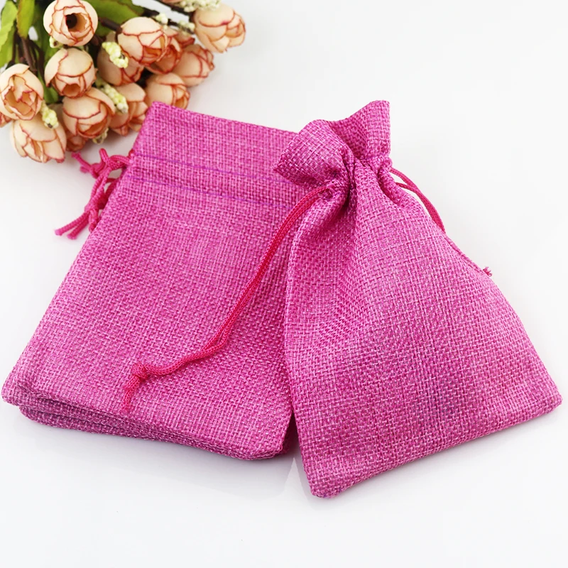 

Free shipping 50pcs 10x14cm Hot Pink Jute Bags Wedding Decoration Bracelet Jewelry Packaging Bags Nice Drawstring Gift Bag