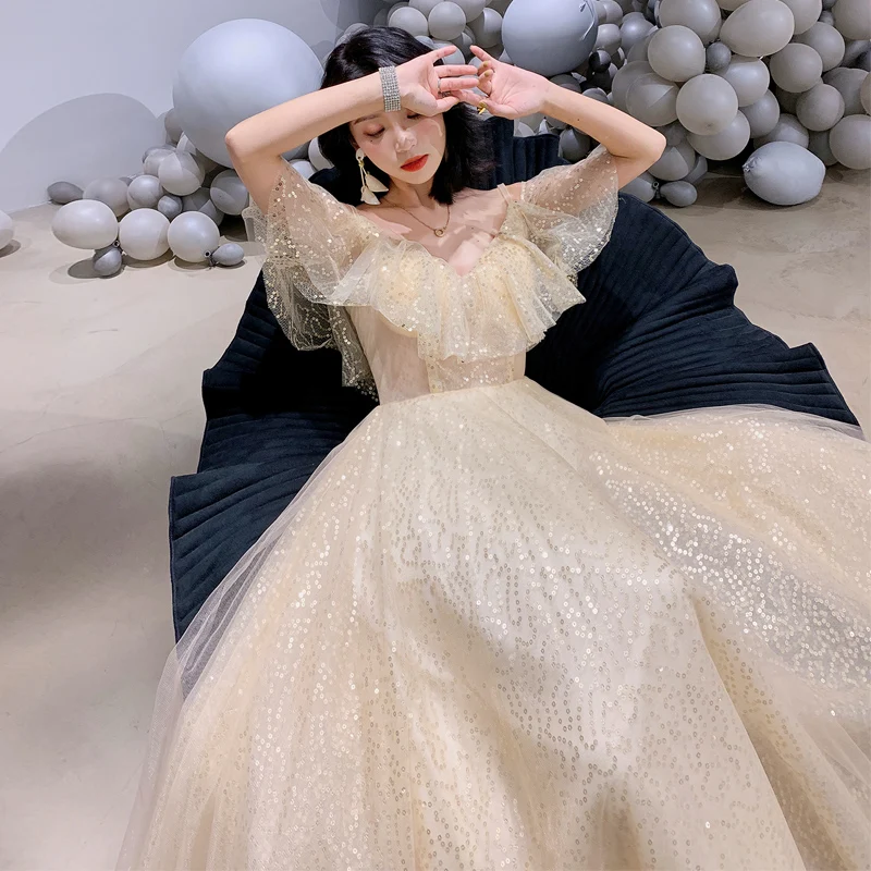 Женское вечернее платье до пола He's Bride элегантное цвета шампанского с вырезом