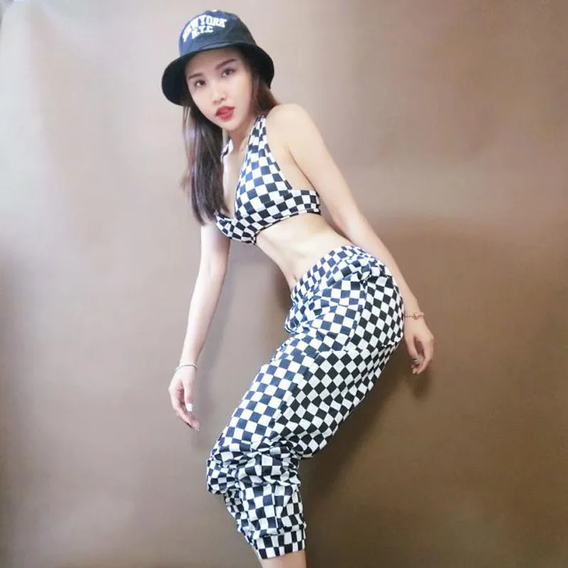 Новый костюм DJ певицы джазовых танцев черно белый хип хоп/танцевальный для