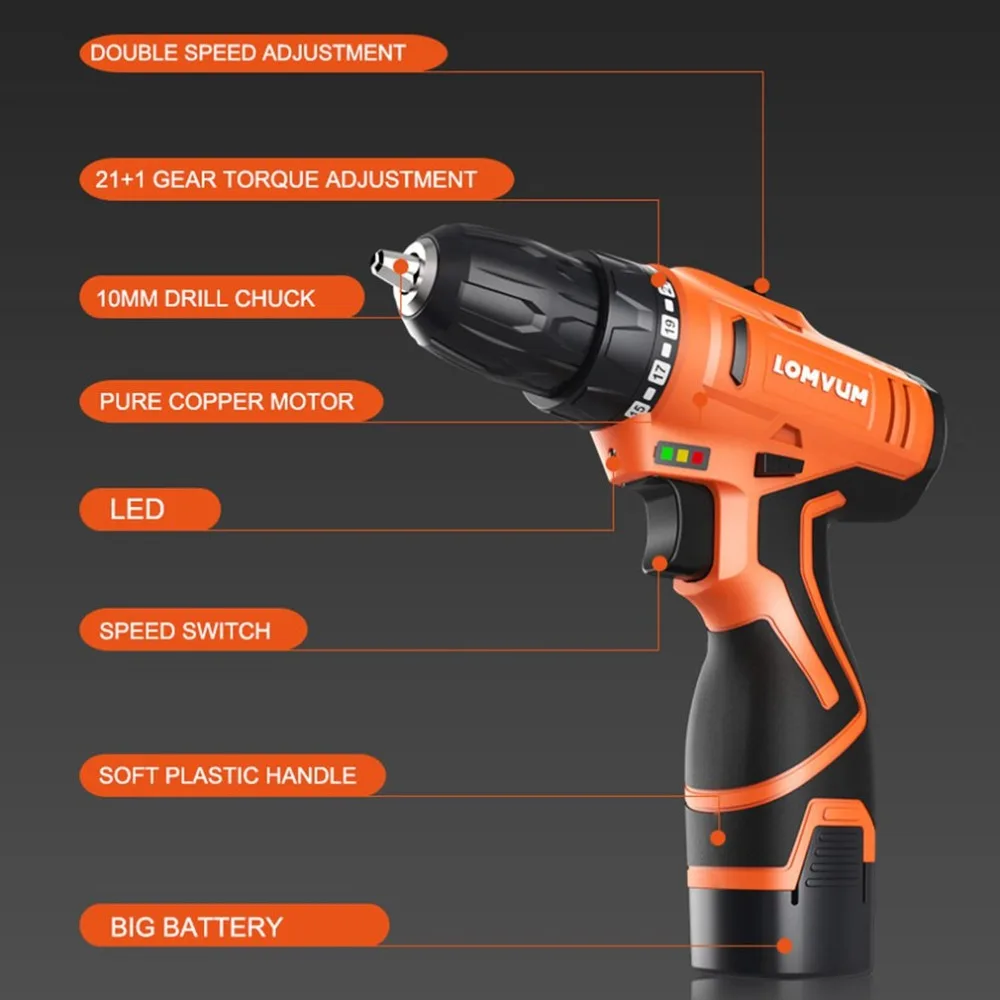 LOMVUM 12V Double Speed Electric Drill LED light Rechargeable Multifunction Mini Cordless Handheld Screwdriver Power Tools | Инструменты