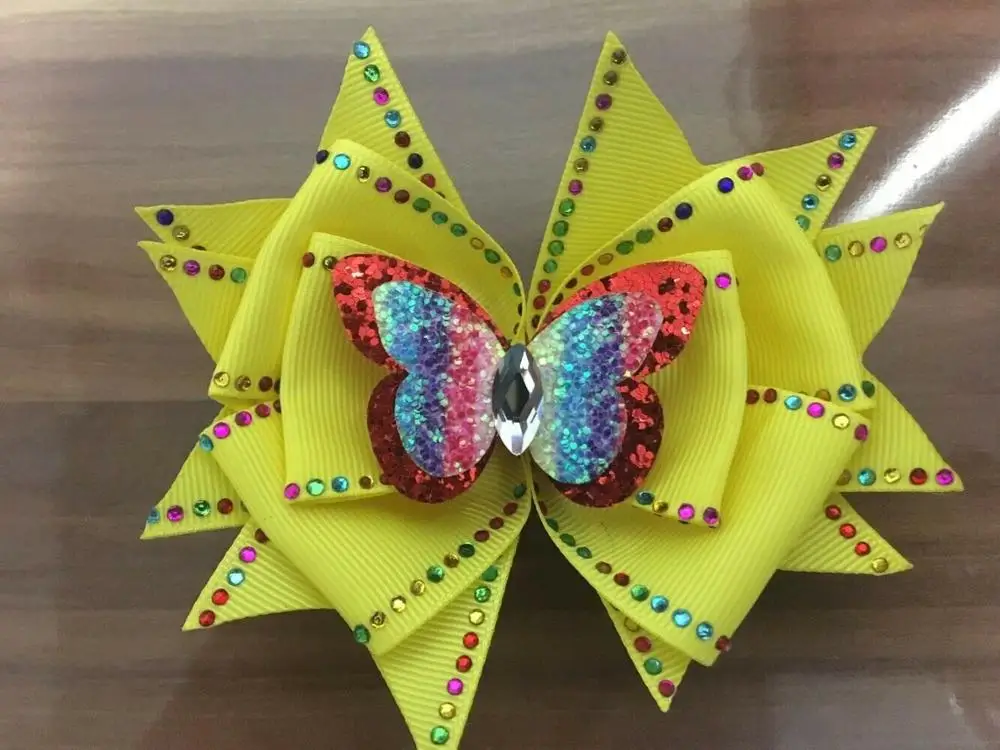 

50 Girl 4.5" Shine Butterfly Hair Bow Rhinestone Rainbow Surprise Doll