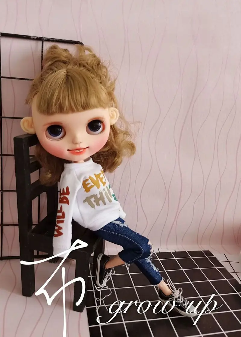 2 шт./компл. Blyth кукольные Костюмы, длинные рукава, герои мультфильмов, трикотажная кофта на молнии с капюшоном+ джинсы для ob24 Озон Licca Blyth брюки 30 см для 1/6 аксессуары для куклы